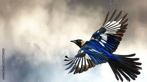   Blue-and-white bird in flight, wings wide, against cloudy sky photo