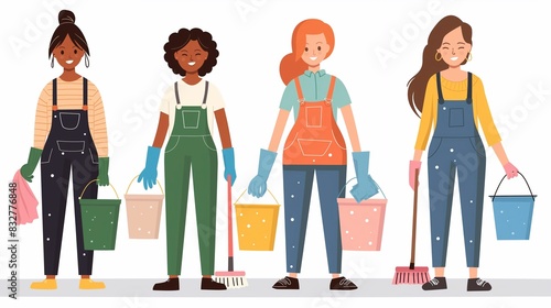 A group of cartoon women with cleaning supplies stand in a row. Workers of a cleaning company, vacancies for work as a cleaner or maid. United in Cleanliness: Multicultural housemaids photo