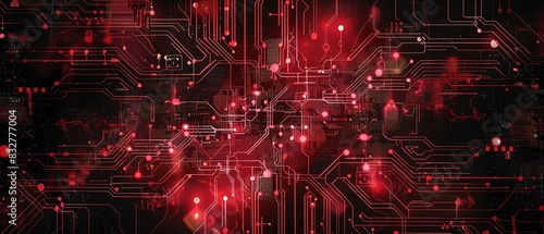 The image is a circuit board with red glowing lights. It is a background image for a technology advertisement.
