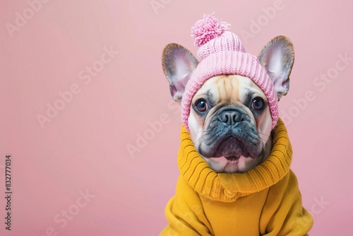 adorable french bulldog plush toy in winter clothes pastel background cute animal photo © Lucija