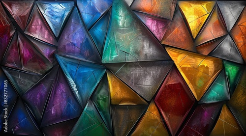 A colorful abstract painting with many different colored triangles