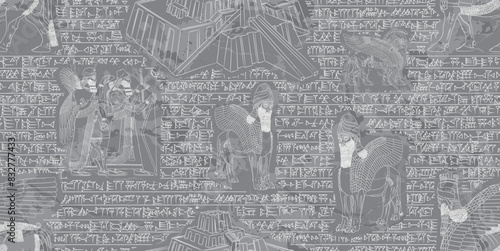 Beautiful sumerian and asyrian seamless pattern over marble background with cuneiform writtings