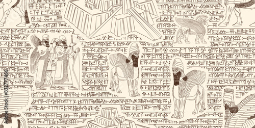 Beautiful sumerian and asyrian dark brown seamless pattern with cuneiform writtings