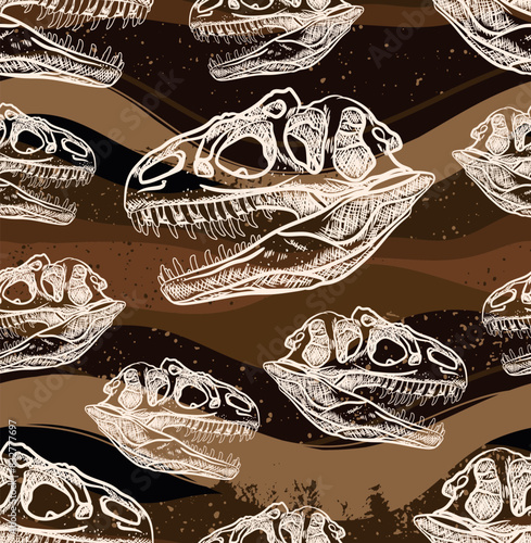 White Tyrannosaurus Rex skull seamless pattern with dark brwon earth ground at background