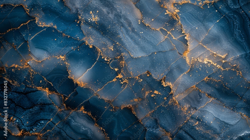 Fototapeta premium An opulent marble texture featuring deep navy blue veins interlaced with fine gold lines, spread across a creamy white marble surface.
