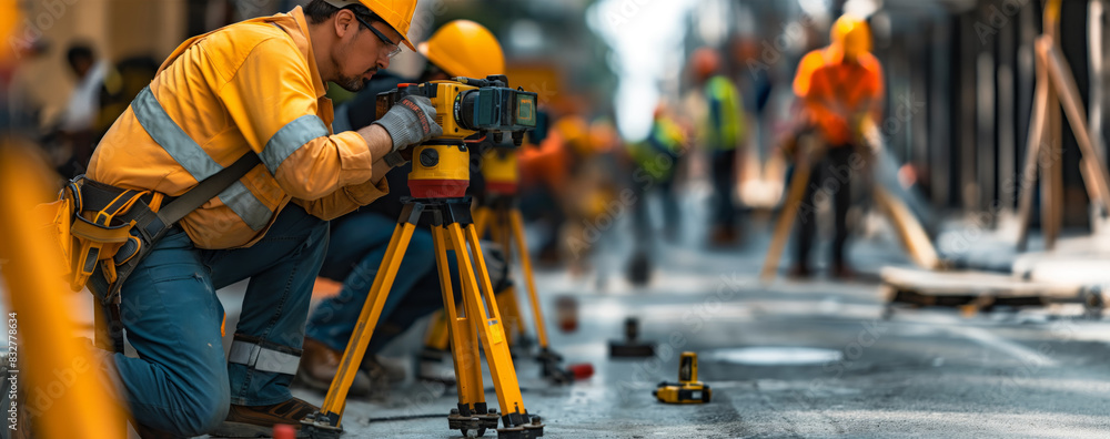 Surveyor with equipment at construction site Surveyor with equipment at construction site