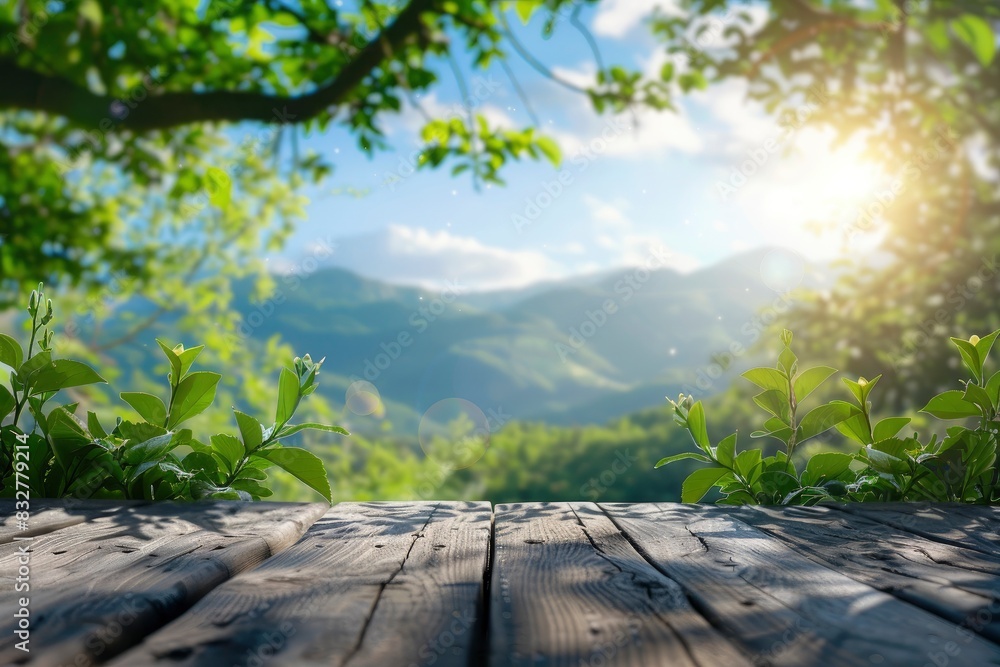 table background of free space for your decoration and blurred landscape of mountains.Blue sky with sun light and green small leaves with geneative ai table background of free space for your decoration and blurred landscape of mountains.Blue sky with sun light and green small leaves with geneative ai