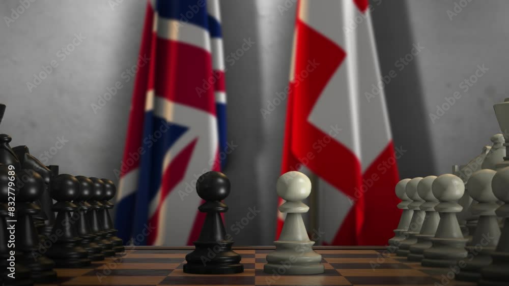 Switzerland and United Kingdom National Flags with Chess Board Animation. Politics of Government or Conflict of Countries Concept Switzerland and United Kingdom National Flags with Chess Board Animation. Politics of Government or Conflict of Countries Concept