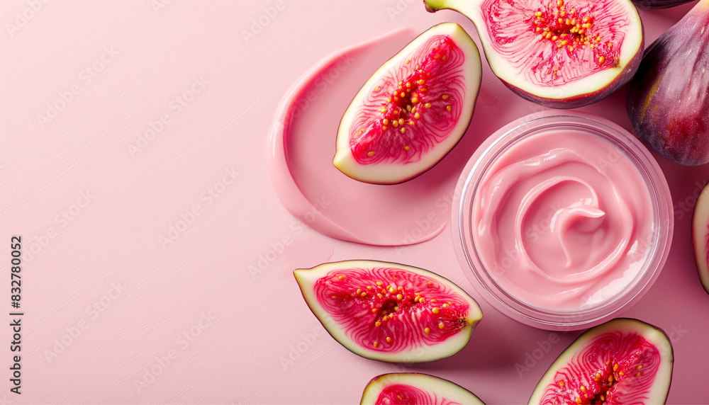 luxurious fig beauty cream with fresh fruit slices on pastel background luxurious fig beauty cream with fresh fruit slices on pastel background