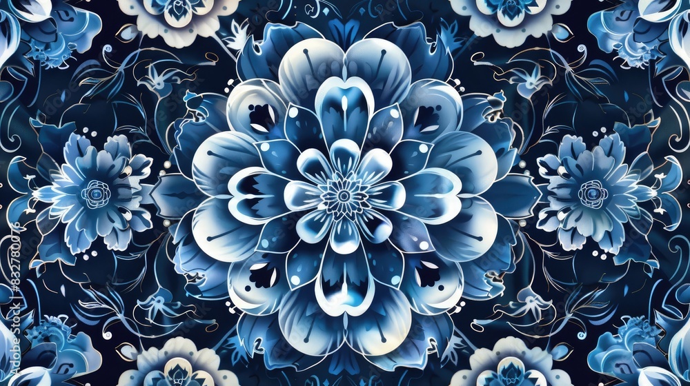 Blue floral decorations in a seamless design with an ethnic and oriental flair Blue floral decorations in a seamless design with an ethnic and oriental flair