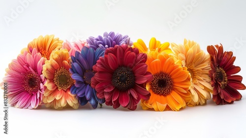 A playful composition of multicolored gerbera daisies, arranged in a semi-circle on the lower edge of an isolated white background.  photo