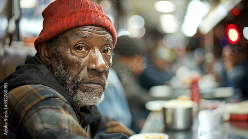 Positive homeless man sits at a table in a bustling shelter dining hall  surrounded by other individuals
