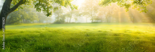 Beautiful summer natural landscape with lawn with cut fresh grass in early morning with light fog. Panoramic spring background.