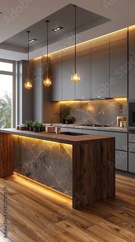 Front view of elegant interior with gray drawers under kitchen cabinet.