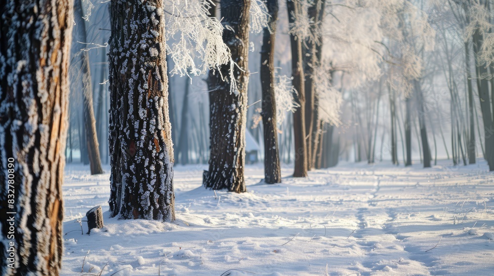 Fototapeta premium Tree trunks in a winter park coated with frost