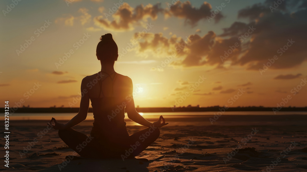 Silhouette of a girl doing yoga in the lotus position