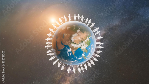 Illustration of planet earth and a group of people connecting to eachother photo