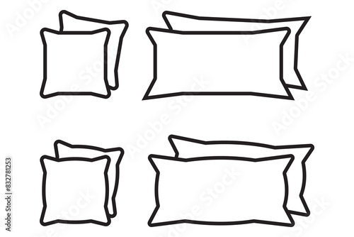 Pillow icon set. Relax symbol. Clean bed sheet vector illustration. Take a nap sign. Soft and comfortable pillow simple line and black pictogram set.