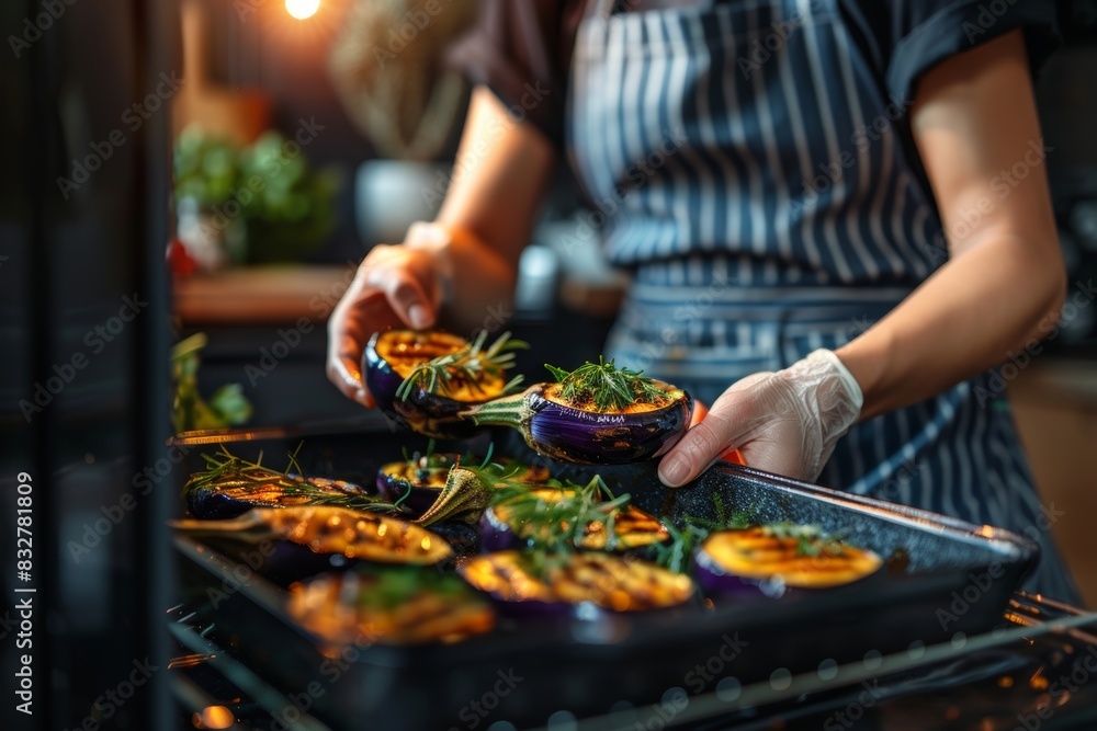 Woman taking out delicious and flavorful baked eggplants from the oven for a tasty meal Woman taking out delicious and flavorful baked eggplants from the oven for a tasty meal