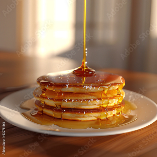 Breakfast Bliss.Imagine starting your day with a picture-perfect breakfast that captures the essence of morning bliss. Envision a plate adorned with golden, fluffy pancakes drizzled with maple syrup, © peerapong