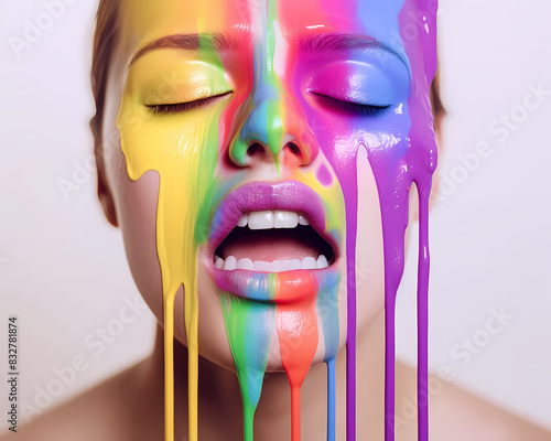 An abstract artistic portrayal featuring a concealed face with vivid paint drips, evoking enigmatic aesthetics	 photo