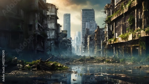 Apocalyptic landscape showing the collapsed state of a large city