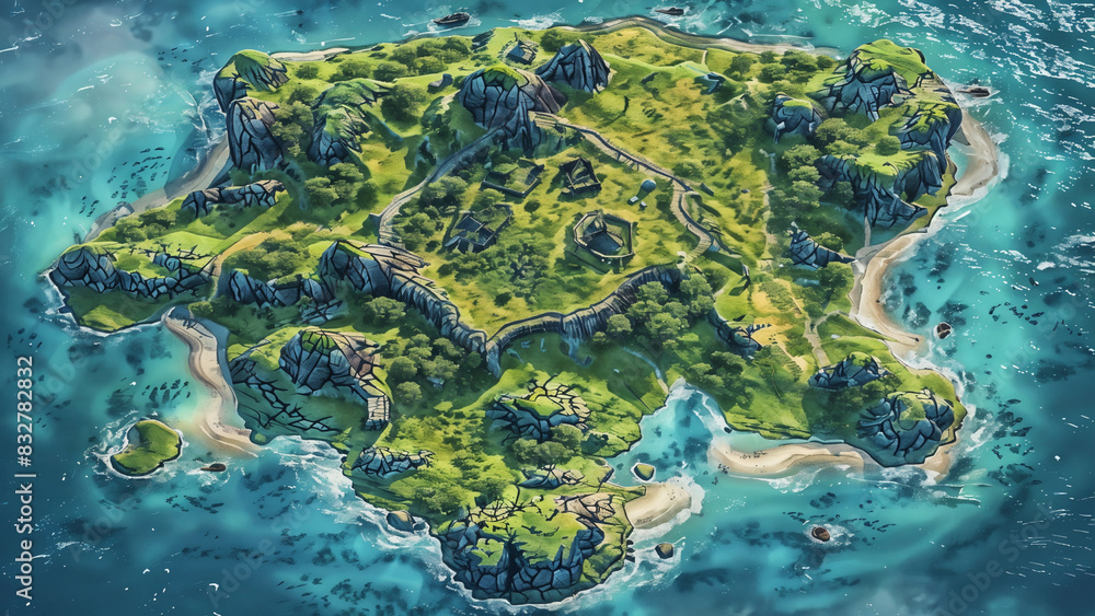 Fototapeta premium island Battlemap DnD,RPG Map for Dungeons and Dragons, Sea,game background, place for battle 