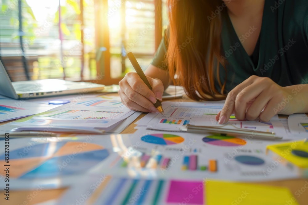 Businesswoman working with documents analyzing business and planning financial accounting. Businesswoman working with documents analyzing business and planning financial accounting.