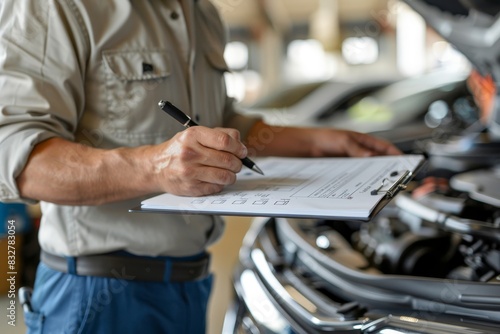 Close up mechanic writing job checklist by open car engine, inspecting vehicle for repair tasks