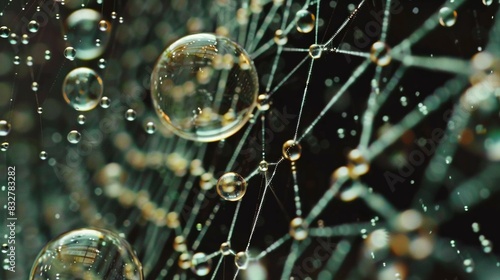   A close-up of bubbles on a web of water droplets