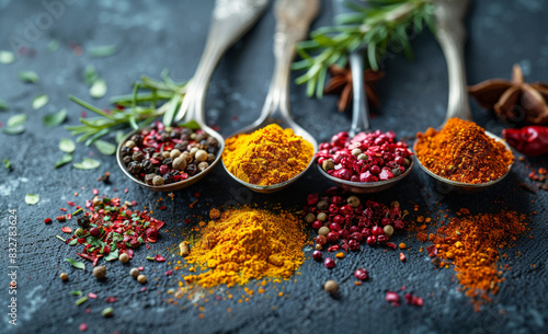 Colorful spices and herbs in metal spoons. Generated with AI tools