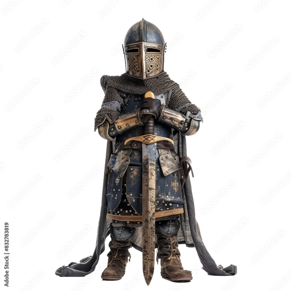 Fototapeta premium Standing medieval knight in elaborately detailed armor poses on a transparent background