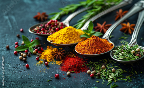 Colorful spices and herbs in metal spoons. Generated with AI tools