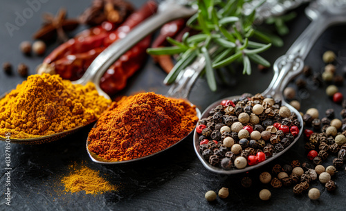Colorful spices and herbs in metal spoons. Generated with AI tools