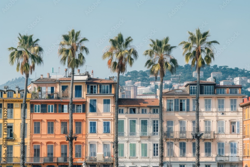 Naklejka premium Tourist destination colorful city candy buildings South America architecture old houses palms art home exterior facade town streets historic exploration warm tropical county tourism aesthetic