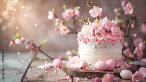 Bolo de Páscoa com flores cor de rosa e flor de cerejeira primavera na mesa de madeira photo