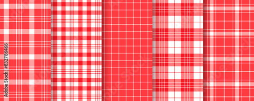 Table cloth background. Vichy seamless pattern. Checkered red print. Set picnic kitchen textures. Retro buffalo tartan backdrop. Gingham plaid textile. Geometric tablecloth design. Vector illustration