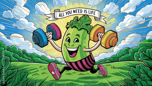 A cartoon vegetable is lifting weights in a park, all you need is life, AI