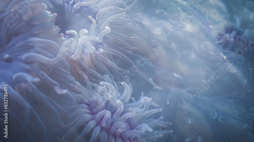  Close-up of a sea anemone with water droplets on its body and a blue background