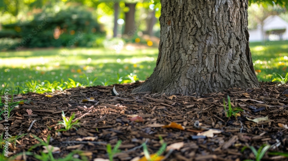 A tree trunk surrounded by natural mulch helping to retain moisture and prevent damage from lawn maintenance equipment. A tree trunk surrounded by natural mulch helping to retain moisture and prevent damage from lawn maintenance equipment.