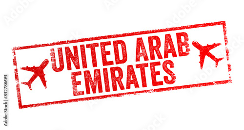 United Arab Emirates - is a country in West Asia, in the Middle East, text emblem stamp with airplane