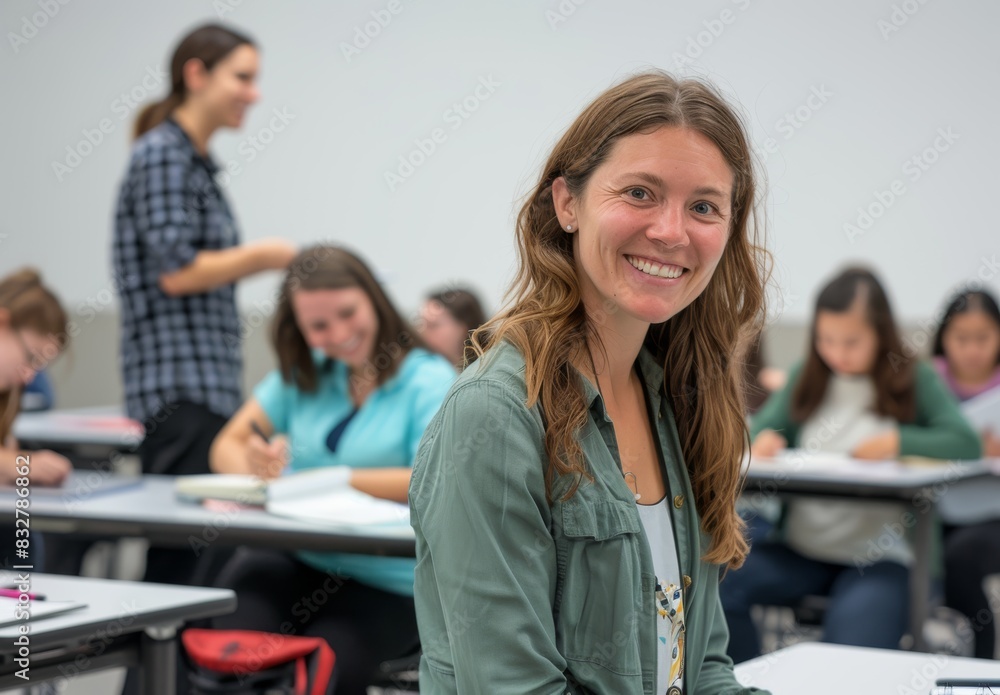Smiling teacher is standing in front of the classroom, with students sitting at their desks and taking notes Smiling teacher is standing in front of the classroom, with students sitting at their desks and taking notes