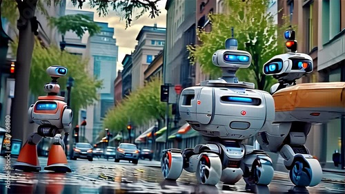 Wallpaper Mural A futuristic scene featuring advanced robots navigating a modern urban cityscape. Perfect for themes of technology, innovation, and artificial intelligence.. AI Generation Torontodigital.ca