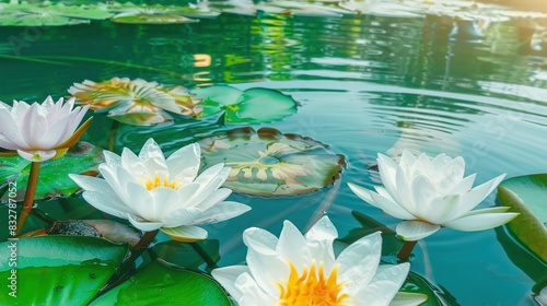   A cluster of white lilies float on the tranquil lake  surrounded by a verdant leaf-topped woodland