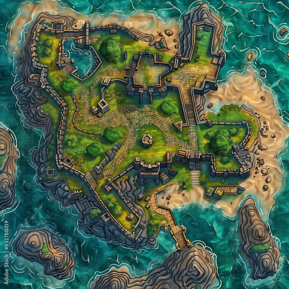 Naklejka premium island Battlemap DnD,RPG Map for Dungeons and Dragons, Sea,game background, place for battle