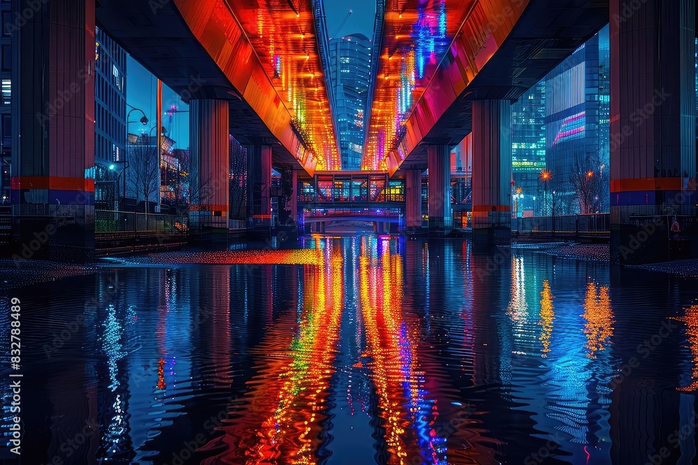 Urban stream with modern bridges and city lights reflected on the water, night scene, highresolution photography, vibrant and lively, Urban stream with modern bridges and city lights reflected on the water, night scene, highresolution photography, vibrant and lively,
