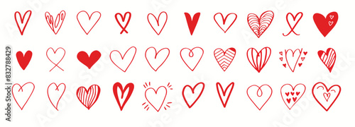 A set of painted sketches in the form of red doodle hearts, drawings in the form of a heart, hand-drawn images on a white background. Valentine's Day symbol, set for lovers