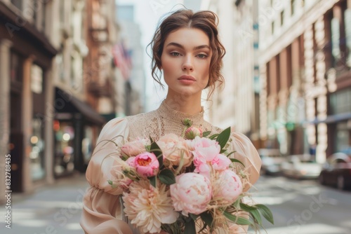 young beautiful caucasian woman with peonies bouquet in city center downtown nyc. dating in big cities.  photo