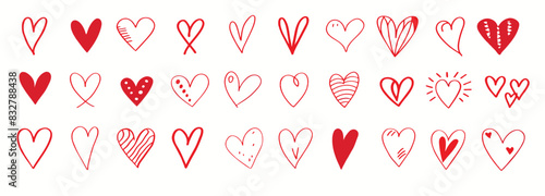 A set of painted sketches in the form of red doodle hearts, drawings in the form of a heart, hand-drawn images on a white background. Valentine's Day symbol, set for lovers