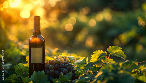 Wine bottle with grapes in vineyard sunset